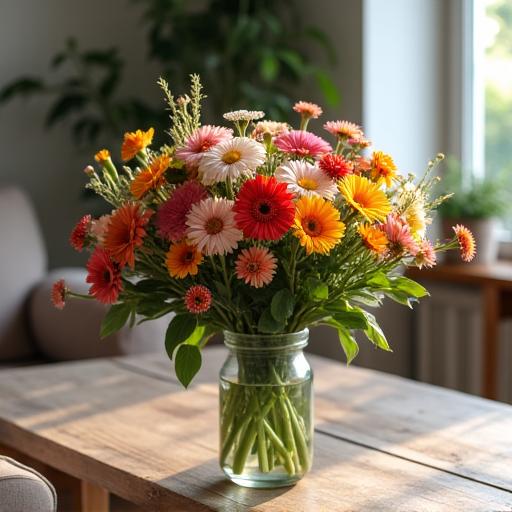 Un mazzo di fiori freschi e profumati in un vaso su un tavolo di legno.