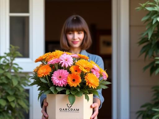 Una persona che riceve alla porta una scatola con un mazzo di fiori freschi del servizio in abbonamento.