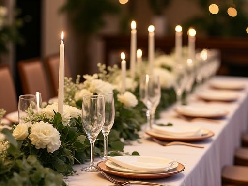 Un tavolo nuziale elegantemente decorato con una lunga ghirlanda di fiori bianchi ed eucalipto.