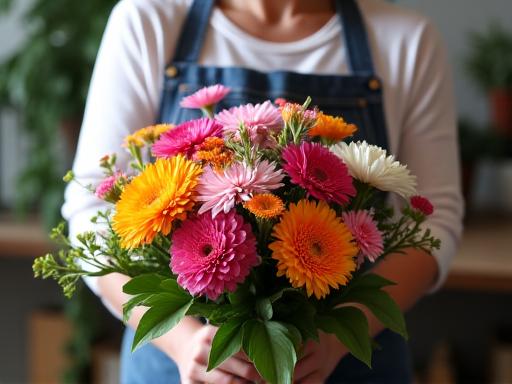 Una fiorista che sta componendo un bouquet personalizzato con fiori freschi e colorati.