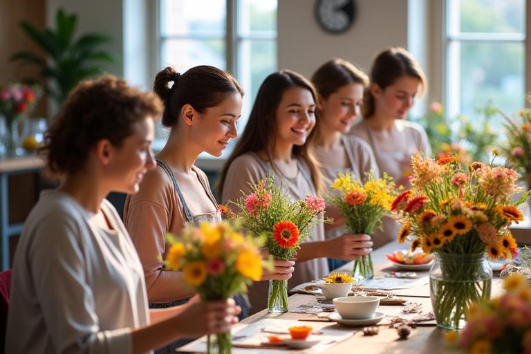 Un gruppo di persone sorridenti durante un workshop di composizione floreale, ognuna con la propria creazione.